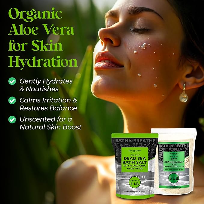 Aromasong 5 lbs Raw Dead Sea Salt with Organic Aloe Vera, not Cleaned, Still Contains All Dead sea Minerals Including Dead sea Mud, Fine Medium Grain Large resealable Bulk Pack (Packaging May Vary)-VivaGrace Women