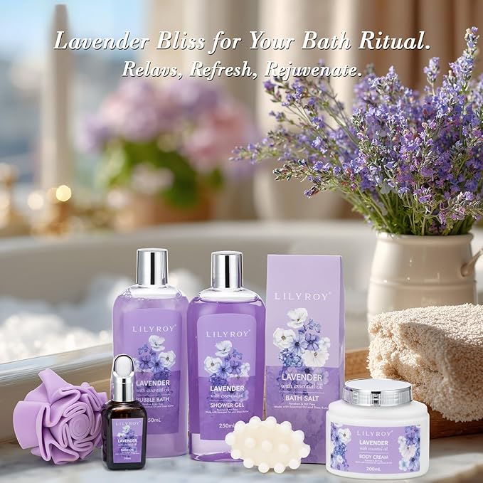 Mothers Day Gifts for Mom - 8 Pcs Lavender Bath & Body Gift Set for Women, Spa Gift Basket with Bath Bomb | Christmas, Birthday Gifts, Self Care & Pampering Gifts for Her, All Occasion Holiday Present-VivaGrace Women