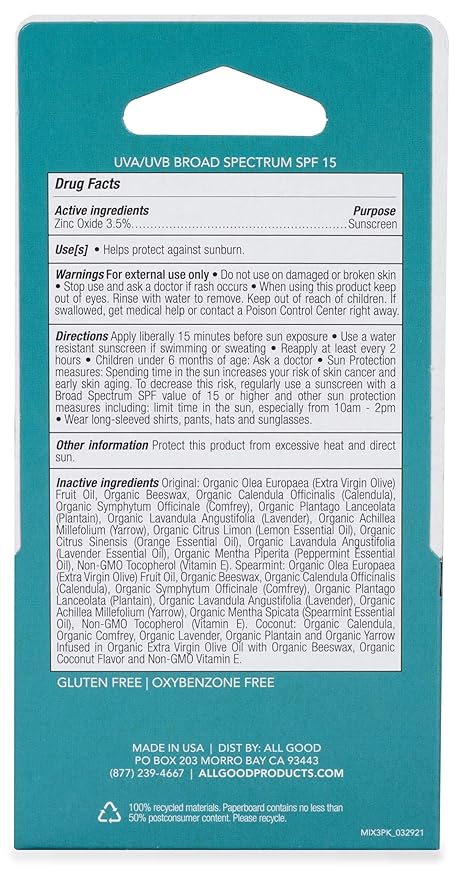 All Good Organic SPF15 Lip Balm - Hydrating Lip Care with Olive Oil, Beeswax, Calendula, Lavender, Vitamin E - Lip Moisturizer with Zinc Oxide Protection - Original, Spearmint & Coconut (9-pack)-VivaGrace Women