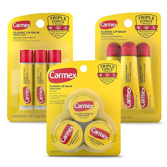 Carmex Medicated Lip Balm Variety Pack, Lip Moisturizer for Dry, Chapped Lips, Carmex Classic Sticks 0.15 oz, 3 count, Carmex Classic Tubes 0.35 oz, 3 count, Carmex Classic Jars 0.25 oz, 3 count-VivaGrace Women