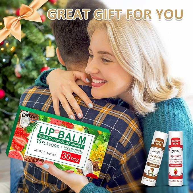 DMSKY 30 Pack Lip Balm, Natural Lip Balm Bulk with Vitamin E and Coconut Oil, Moisturizing Soothing Chapped Lips-15 Flavors-VivaGrace Women