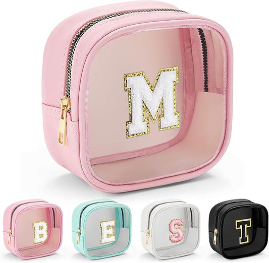 YOOLIFE Mini Initial Makeup Bag | Travel Toiletry Bag | Clear Makeup Bag | Travel Essentials Gifts for Women Teen Girlfriend Teacher Birthday Gifts | Clear Toiletry Bag Small Mini Cosmetic Bag Pink M-VivaGrace Women