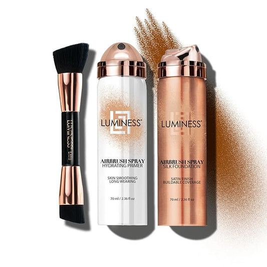LUMINESS Airbrush Spray Silk Foundation Starter Kit - Deep Dark - Foundation, Primer & Dual-Sided Angled Buffing Brush - Medium, Buildable Coverage, Anti-Aging Formula Hydrates & Moisturizes-VivaGrace Women