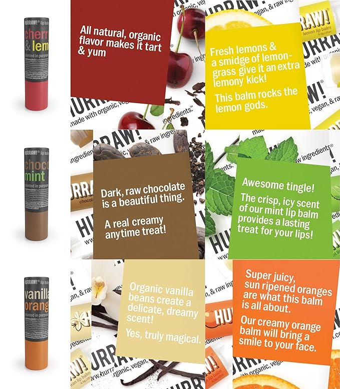 Hurraw! Cherry Lemon, Chocolate Mint & Vanilla Orange Lip Balm 3 Pack Bundle: Plastic-Free with new cardboard push-up tube. Certified Organic, Natural & Vegan. Bee, Shea, Soy & Palm Free. Made in USA-VivaGrace Women