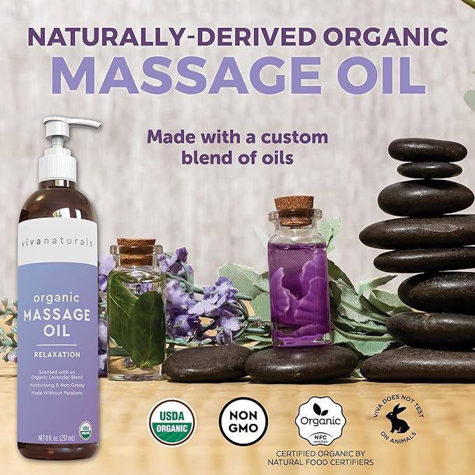 Viva Naturals Organic Massage Oil (8 fl. oz.) - Lavender Scented Non-Greasy Body Massage Oil with Mess-Free Pump, Moisturizing Massage Oils for Massage Therapy, Non-GMO and Certified Organic, 237 mL-VivaGrace Women