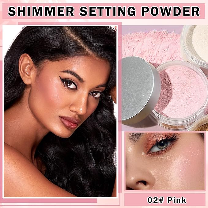 Pink Setting Powder Loose Powder Shimmer Finishing Powder Ultimate Blurring Setting Powder Long Lasting Oil Control Loose Face Powder for All Skin Tones-02 Pink-VivaGrace Women