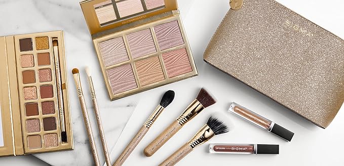 Sigma Beauty Ambiance Complete Collection - 14 Buttery Eyeshadow Powders, Highlighter Palette with 6 Metallic Highlighters, 2 Hydrating Lip Gloss, & 5 Makeup Brushes - Full Makeup Set-VivaGrace Women