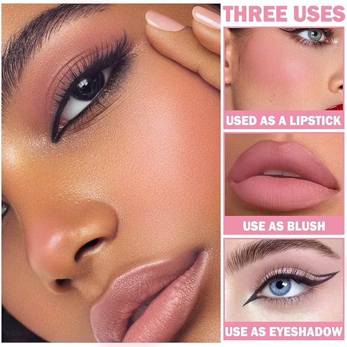 Cream Blush Stick with Brush,Waterproof Blush Makeup,Long Lasting 3 In 1 Cheek Blush & Lip Tint & Eye Shadow Makeup Stick,Easy To Use Blends Effortlessly,Cream Blush Makeup for All Skin Tones - Cherry Pink-VivaGrace Women