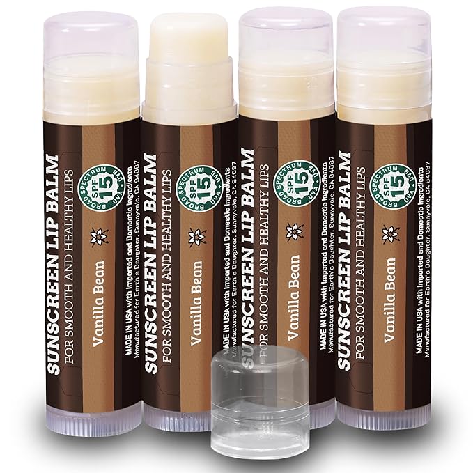 SPF Lip Balm 4-Pack by Earth's Daughter - Lip Sunscreen, SPF 15, Organic Ingredients, Vanilla Flavor, Beeswax, Coconut Oil, Vitamin E - Hypoallergenic, Paraben Free, Gluten Free-VivaGrace Women