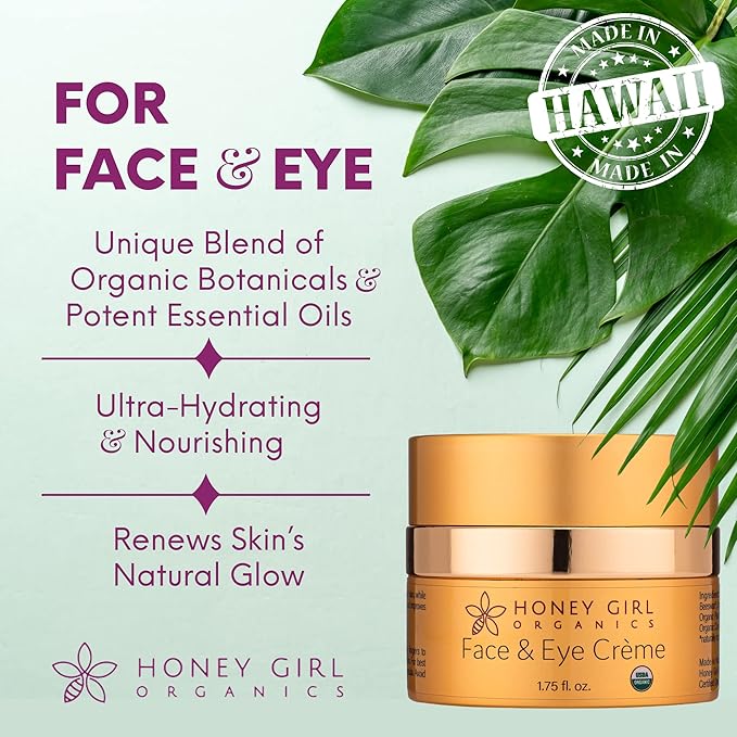 Honey Girl Organics Face & Eye Crème, USDA Certified Organic Facial Moisturizer & Under Eye Cream for Wrinkles, Dark Circles and Puffiness w/Hydrating Honey, Beeswax, Essential Oils & EVOO. 1.75oz-VivaGrace Women