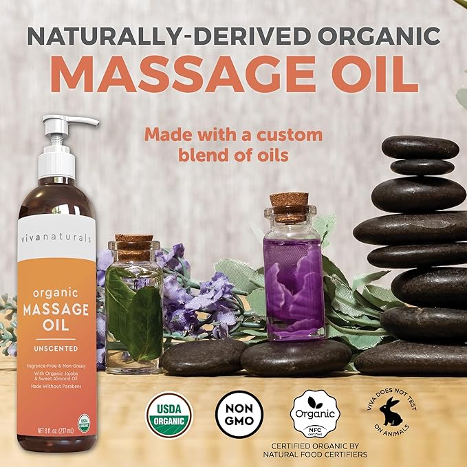 Viva Naturals Organic Massage Oil Unscented (8 fl. oz.) - Non-Greasy Body Oil with Mess-Free Pump, Moisturizing Massage Oils for Massage Therapy, Non-GMO and Certified Organic, 237 mL-VivaGrace Women