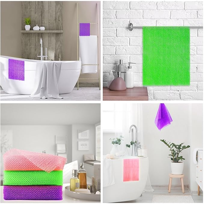 UJFQBH 3 Pieces African Bath Sponge African Net Long Net Bath Sponge Exfoliating Shower Body Scrubber Back Scrubber Skin Smoother,Great for Daily Use (Purple， Pink，Green)-VivaGrace Women