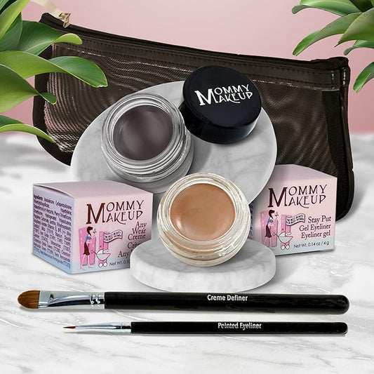 The Everlasting Eye 5 Piece Waterproof Makeup Set. Gel Eyeliner, Creme Eyeshadow, 2 brushes and Mesh Bag. Paraben-free, Talc-free, Cruelty-free. Misty Mocha/Chocolate Kiss 1802-VivaGrace Women