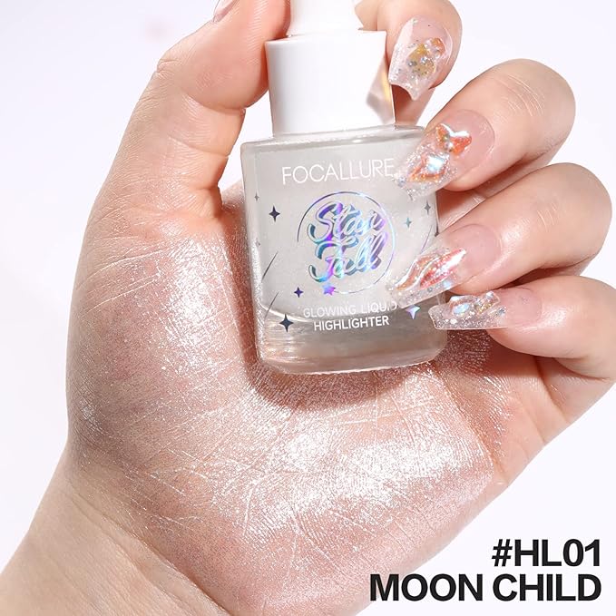 FOCALLURE Starfall Glowing Liquid Highlighter, Shimmering Body Oil, Non-Sticky Shimmer Liquid Luminizer, Non-Greasy, Face & Body Glitter Makeup for Costumes, Cosplay, Rave Festival, MOON CHILD-VivaGrace Women