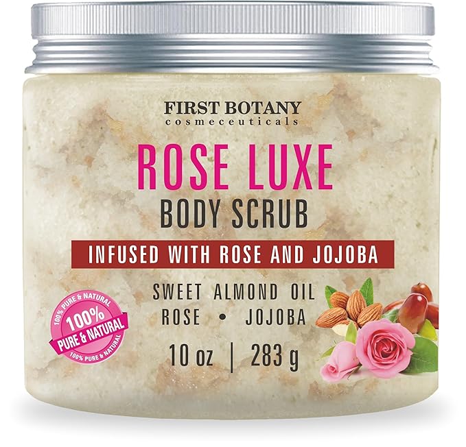 First Botany Body Scrub - Natural Exfoliating Salt Scrub & Body and Face Souffle helps with Moisturizing Skin, Acne, Cellulite, Dead Skin Scars, Wrinkles (10 fl oz, Rose)-VivaGrace Women