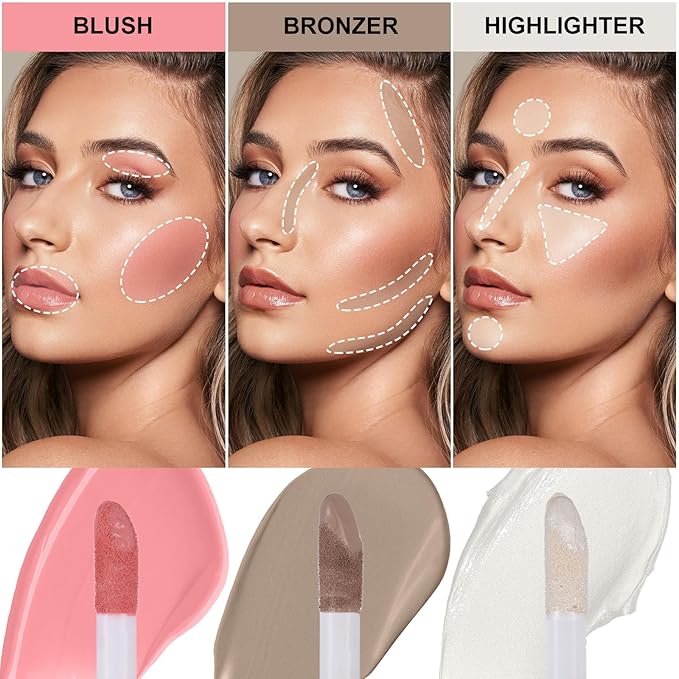 3Pcs Liquid Contour Makeup Trio with Bronzer Shade, Blush, Highlighter for Sculpted Makeup, Matte Finish Liquid Contour Set Easy to Create a Lightweight Look, Longwear Waterproof Formula (1, 6, 11)-VivaGrace Women