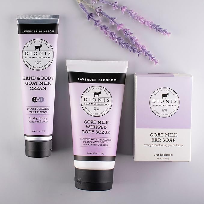 Dionis Goat Milk Skincare Lavender Blossom 3 Piece Self Care Essentials Gift Set - Bar Soap, Hand & Body Cream & Whipped Chamomile Sugar Body Scrub In Recyclable Box - Exfoliate & Moisturize Dry Skin-VivaGrace Women