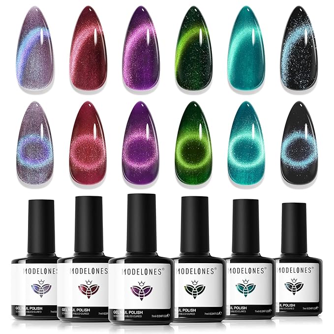 modelones Cat Eye Gel Nail Polish, 6 Colors Glitter Red Green Purple Blue Gel Polish Set with Magnet Sparkle Galaxy Series Nail Gel Polish Kit Soak Off Led Nail Art Manicure Salon DIY Gifts-VivaGrace Women