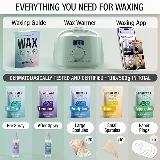 Tress Wellness Waxing Kit for Sensitive Skin – Safe for Face & Skin, Prep & Aftercare Spray, Easy to Use – At-Home Kit for Face, Bikini, Brazilian & Full Body - Digital Display, Green-VivaGrace Women