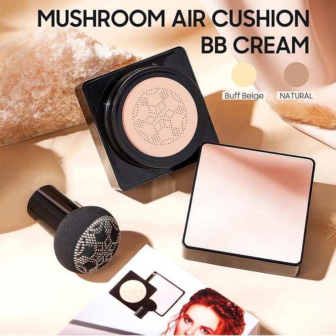 Air Cushion CC Cream Mushroom Head, Soothing Full Coverage Concealer CC Cream with Mushroom Makeup Sponge for Flawless Face Makeup (Buff Beige)-VivaGrace Women