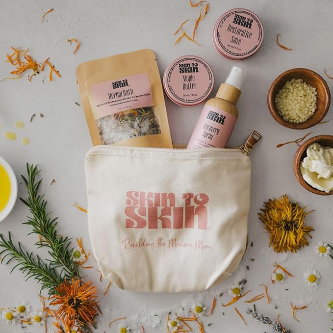 Skin to Skin Postpartum Kit-4 Piece Set in Cosmetic Bag - Postpartum Recovery - Includes: Herbal Bath, Recovery Spray, Restorative Salve, and Nipple Butter - Postpartum Care Kit - After Birth Care Kit-VivaGrace Women
