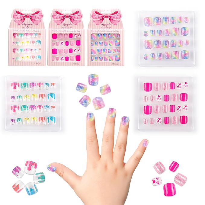 Kids Press on Nails Children Fake Nails 72PCS Artificial Nail Tips Adhesive Full Cover Short False Fingernails for Girls Kids Nail Decoration (Starry Heart Ice Cream)