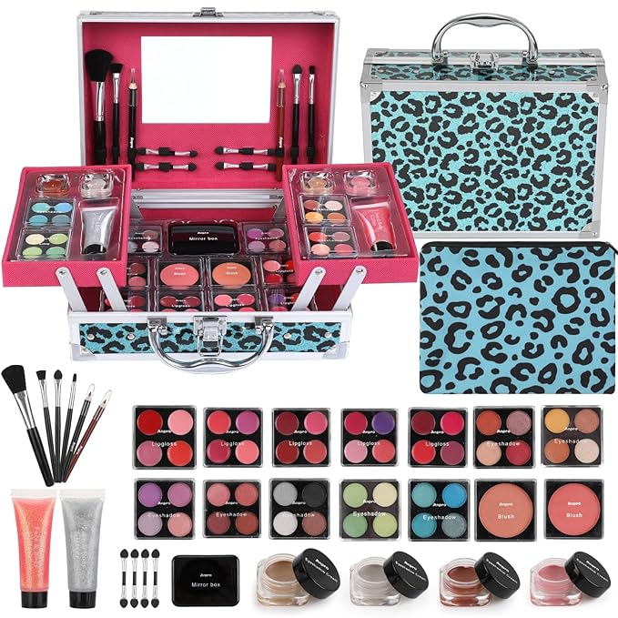 Anpro All-In-One Leopord Double Folding Makeup Carry Case with Pro Teen Makeup Set, Full Starter Kit with Makeup Brushes, Lipsticks, Eyeshadow Palette, Blushes, Glitter Gel, Ideal Present for Girls-VivaGrace Women