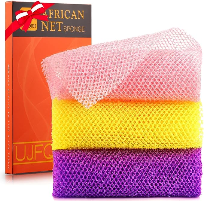 UJFQBH 3 Pieces African Bath Sponge African Net Long Net Bath Sponge Exfoliating Shower Body Scrubber Back Scrubber Skin Smoother,Great for Daily Use (Pink,Yellow,Purple)-VivaGrace Women