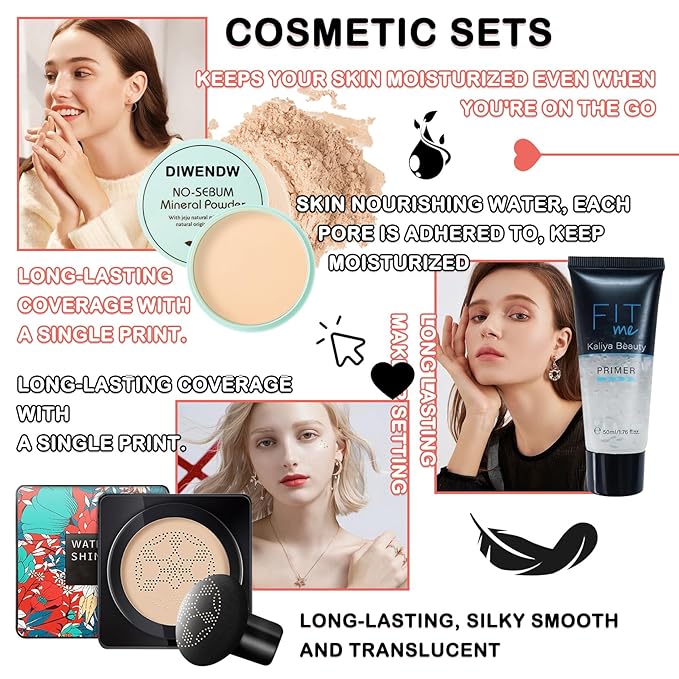 Mushroom Head Air Cushion CC Cream Full Coverage Liquid Foundation Set,Oil Control Concealer Lasting Moisturizing BB Cream,Loose Setting Face Powder Moisturizer Base Primer Makeup with Makeup Sponge-VivaGrace Women