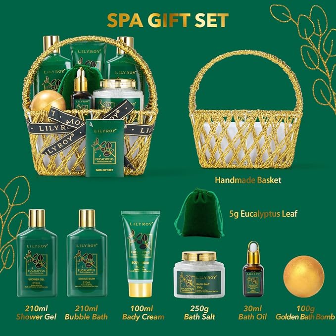 Mothers Day Spa Gift Basket for Women 9 Pieces Premium Eucalyptus Bath & Body Care Kit for Women & Men, Holiday Gift for Christmas, Valentine's Day, Father's Day, Birthday with Shower Gel & More-VivaGrace Women