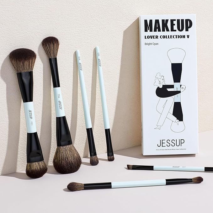 Jessup Makeup Brush Set 6pcs Double Sided Makeup Brushes Foundation Contour Blush Highlight Blending Eyebrow Brush Eyeshadow Brush, Vegan Fiber Make up Brush Bright Cyan T501-VivaGrace Women