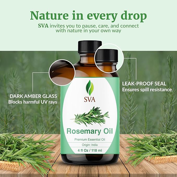 SVA Rosemary Essential Oil – 4 Fl Oz – 100% Natural Rosemary Oil for Hair, Face, Skin Care, Diffuser, Aromatherapy, Scalp, Body Massage, Soap and Candle Making – with Dropper-VivaGrace Women