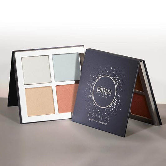 Pippa of London Eclipse Highlighter Palette 381 Make Up for Cheeks and Face with 4 Luxury Highlighters in a Silver Gold Case with Mirror-VivaGrace Women