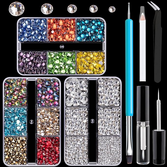 Colorful Face Gems for Makeup Set, Flatback Gorgeous Glass Clear+Mixed-Colored Crystals with Picker Pencil, Makeup Glue, Dual-End Dotting Tool, Tweezer for Eye Body Hair Make-up and Nail Art Deco-VivaGrace Women