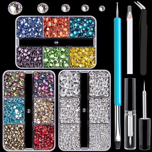 Colorful Face Gems for Makeup Set, Flatback Gorgeous Glass Clear+Mixed-Colored Crystals with Picker Pencil, Makeup Glue, Dual-End Dotting Tool, Tweezer for Eye Body Hair Make-up and Nail Art Deco-VivaGrace Women