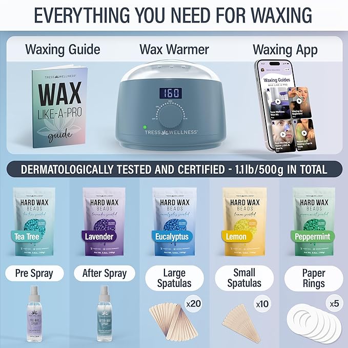 Tress Wellness Waxing Kit for Sensitive Skin – Safe for Face & Skin, Prep & Aftercare Spray, Easy to Use – At-Home Kit for Face, Bikini, Brazilian & Full Body - Digital Display, Blue-VivaGrace Women