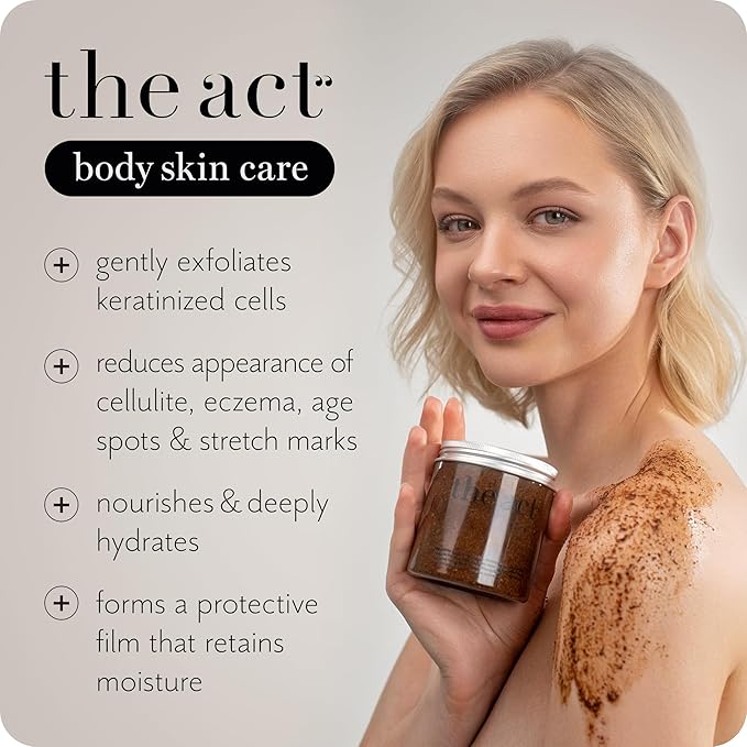 THE ACT Coffee Body Scrub with Salt & Cocoa – Exfoliating Scrub for Cellulite, Stretch Marks, Ingrown Hair – Organic Moisturizing Body Scrub with Vitamin E & Menthol – Gift for Women & Men, 10.58 Oz-VivaGrace Women