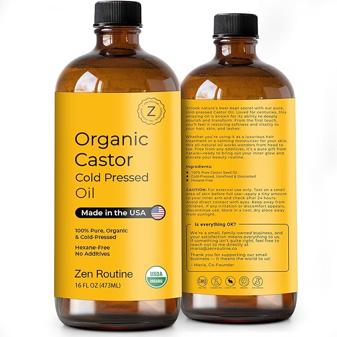 Zen Routine New (Glass Bottle) Organic Castor Oil 16oz – Hexane Free – Hair Growth Oil, Eye Lashes & Stomach, 100% Cold Pressed Unrefined Pure for Castor Pack Wrap – USDA Certified, Made in the USA-VivaGrace Women