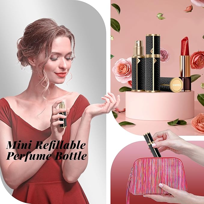 Perfume Travel Refillable Bottle,Genuine Leather Bottom-Filling Fragrances Perfume Atomizer,Mini Cologne Dispenser,Portable Sprayer Pocket Size for Cruise Car Trip Purse Gift 5ml (Black)-VivaGrace Women