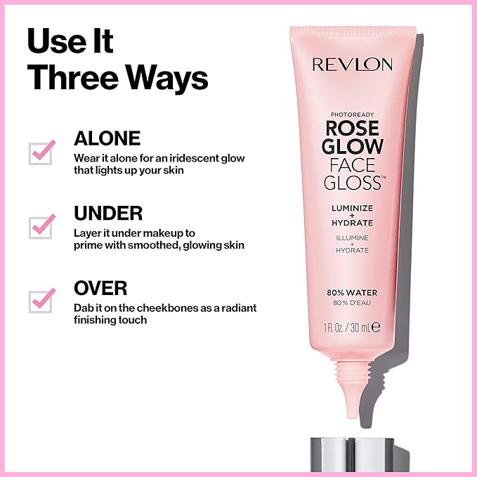 Revlon Face Primer, PhotoReady Face Gloss Rose Glow, Face Makeup for All Skin Types, Hydrates, Illuminates & Moisturizes, Infused with Glycerin & Olive Oil Extract, 80% Water, 1 Fl Oz-VivaGrace Women
