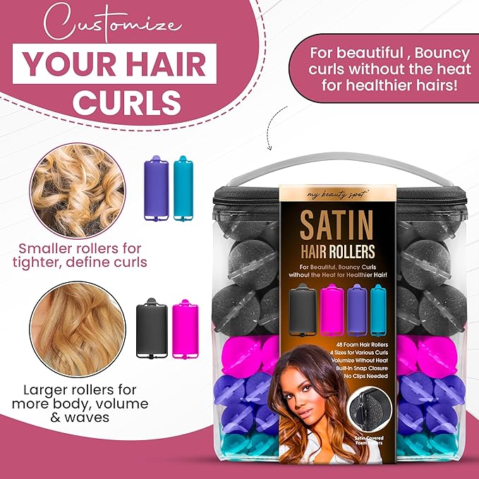 My Beauty Spot Heatless Rollers - Satin Hair Rollers - Overnight Hair Curlers, 48Pcs Overnight Foam Curlers, No Clips, Assorted Sizes & Colors, with Storage Case
