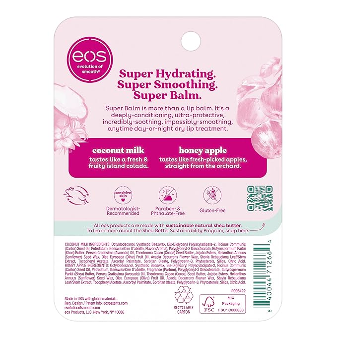 eos 24H Moisture Super Balm- Coconut Milk & Honey Apple, Lip Mask, Day or Night Lip Treatment, Made for Sensitive Skin, 0.35 fl oz, 2-Pack-VivaGrace Women