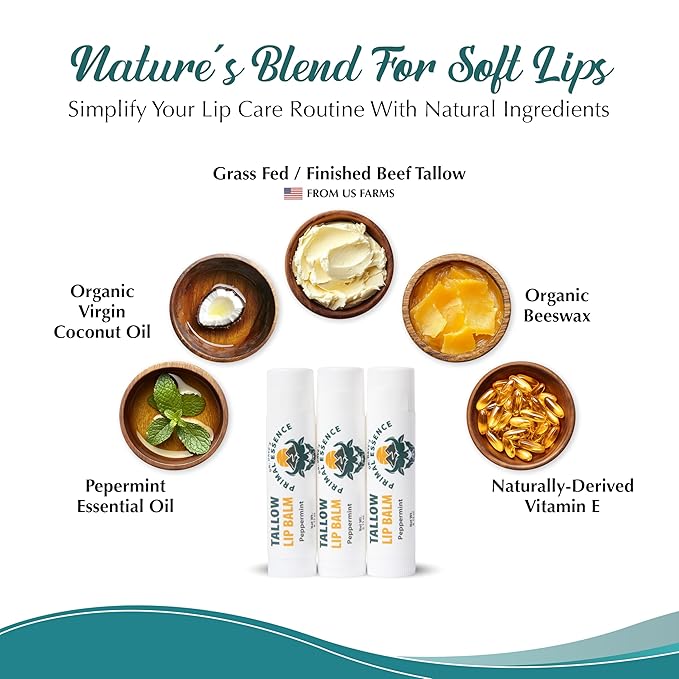 Moisturizing Tallow Lip Balm – Grass-Fed Beef Tallow with Organic Coconut Oil, Beeswax, and Vitamin E – Peppermint – Lip Balm Set – Travel Essential – 3-Pack-VivaGrace Women