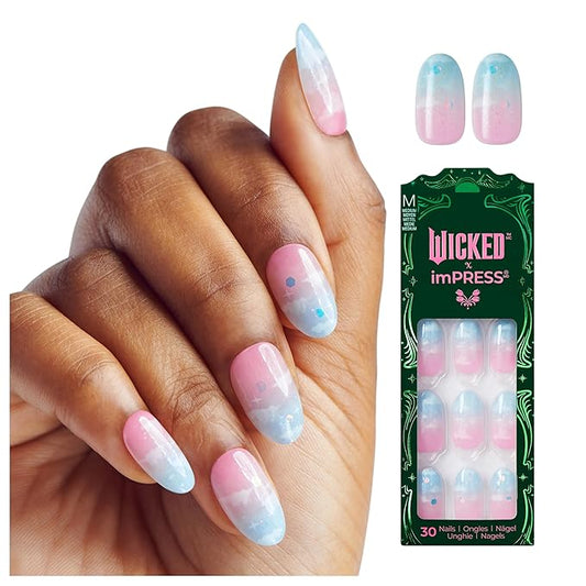 WICKED X imPRESS Design Press On Nails , The EASIEST NO GLUE Mani, Super Hold Adhesive, ‘Destined To’, Pink/Sky Blue, Medium Oval, Includes 30 Fake Nails, 1 Prep Pad, 1 Manicure Stick, 1 Mini File