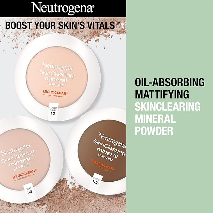 Neutrogena SkinClearing Mineral Acne-Concealing Pressed Powder Compact, Shine-Free & Oil-Absorbing Makeup with Salicylic Acid to Cover, Treat & Prevent Breakouts, Natural Beige 60,.38 oz (Pack of 2)-VivaGrace Women