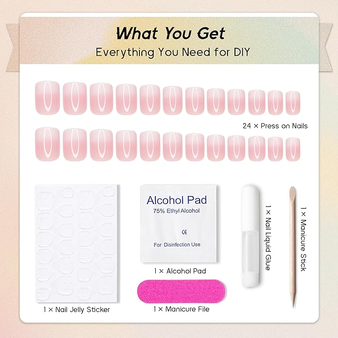 Press on Nails Square - French Ombre Pink Fake Nails Short Acrylic Full Cover Glue on Nails in 12 Sizes - 24 Piece Nail Kit，Natural Fit for Women & Girls Daily Wear