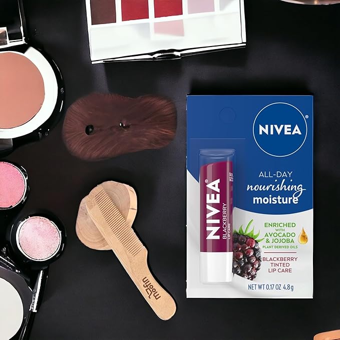 Nivea Lip Balm Hydrating, 0.17 Oz, Enriched with Avocado & Jojoba for Soft, Smooth Lips, Hydrating Lip Balm Includes Moofin Wooden Comb, Blackberry Scent, Lip Balms & Moisturizers, [Pack of 4]-VivaGrace Women