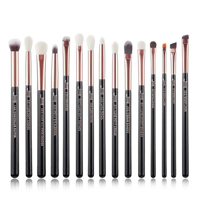 Jessup 15Pcs Professional Makeup Brushes Set Make up Brush Tools kit Eye Liner Shader Wood Handle Natural-synthetic Hair Brushes Pearl Black/Rose Gold T157-VivaGrace Women