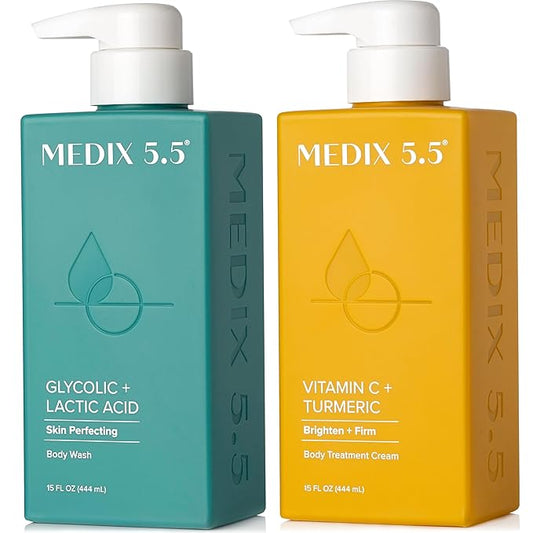 MEDIX 5.5 Exfoliating AHA Glycolic Acid Face & Body Scrub Cleanser + Vitamin C Moisturizing Body Cream Lotion Skin Care 2PC Set | Alpha Hydroxy Acid & Lactic Acid Foaming Body Wash & Face Wash, 2-PC-VivaGrace Women