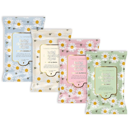 Beauty Concepts Facial Wipe Set - Packs of Face Wipes, Makeup Removing Wipes, Coconut, Honey & Shea, Vanilla Almond, & Cool Mint